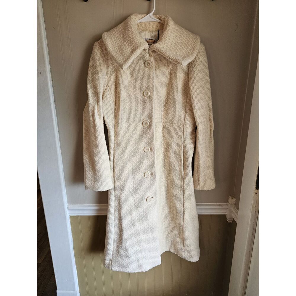 Talbots Womens Sz 10 Cream Wool-Blend Winter Overcoat Woven Textured Funnel Neck